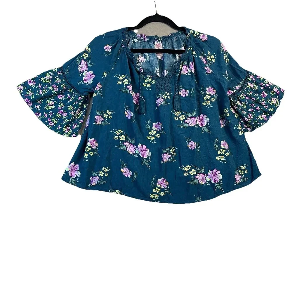Justice Teal Blue Purple Floral Peasant Tassels Popover Top Boho Size XL 16-18